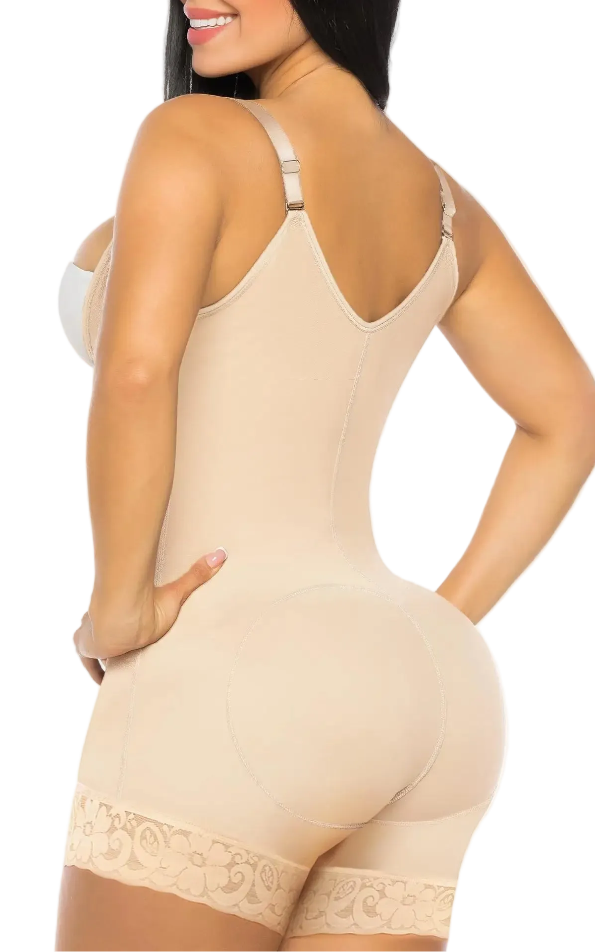 Woman wearing a beige shapewear bodysuit on a white background